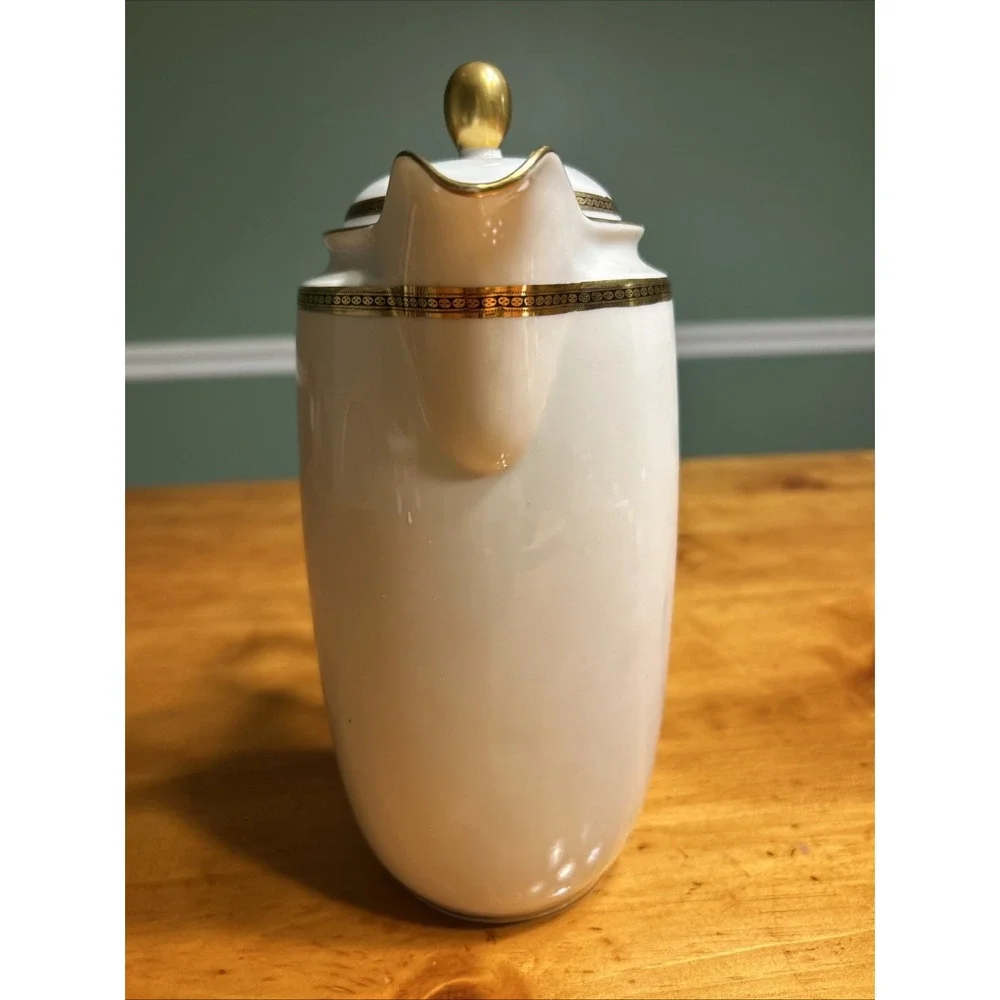 Vintage White Porcelain Coffee Pot Gold Black Greek‎ Key Trim Gilded Tea Server